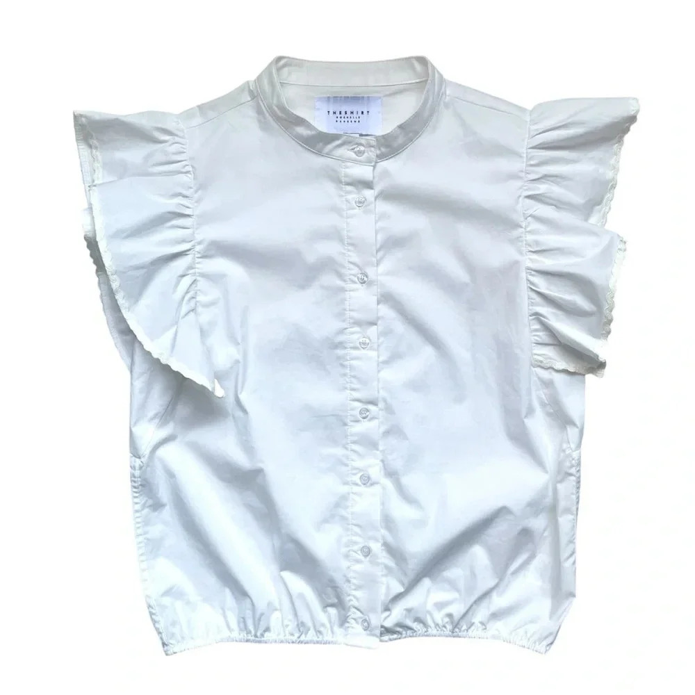 The Shirt by Rochelle Behrens White Button Up Flutter Sleeve Top NWOT Size Small - Picture 3 of 6